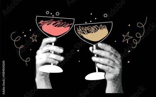 Hands clinking glasses of champagne halftone art collage. New year card. Cutout magazine shapes with doodles, grunge punk festive design. Vector illustration 