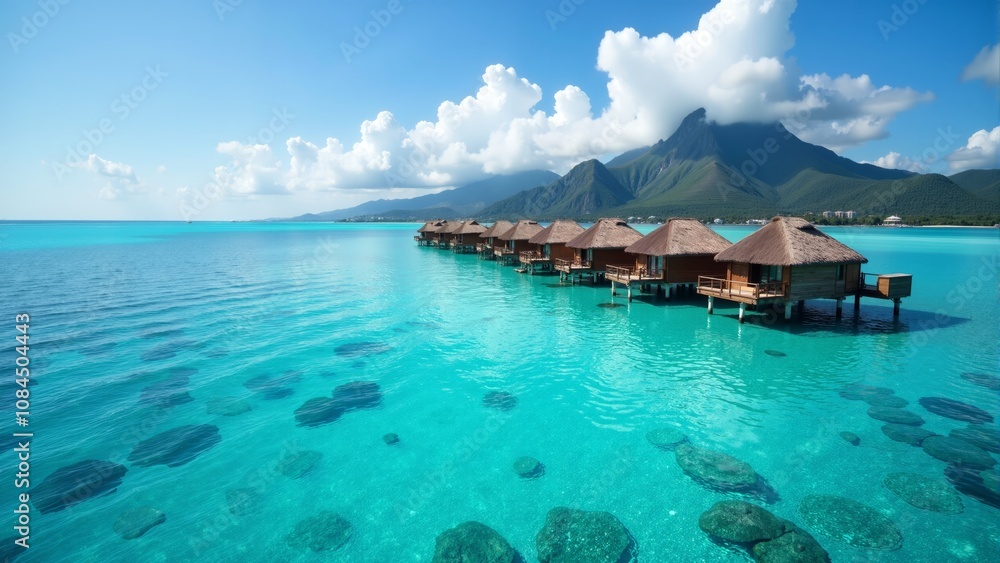 Relaxing overwater bungalows under a bright blue sky in a serene tropical paradise Relaxing overwater bungalows under a bright blue sky in a serene tropical paradise