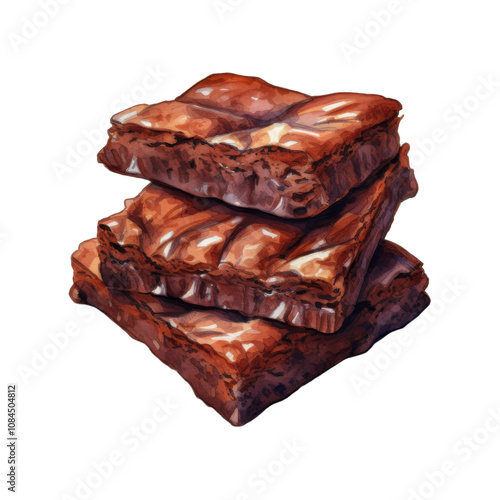 A watercolor painting of three stacked, glossy chocolate brownies. photo