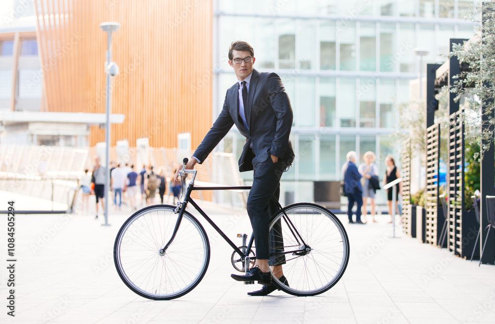 Handsome young business man with his modern bicycle. Handsome young business man with his modern bicycle.