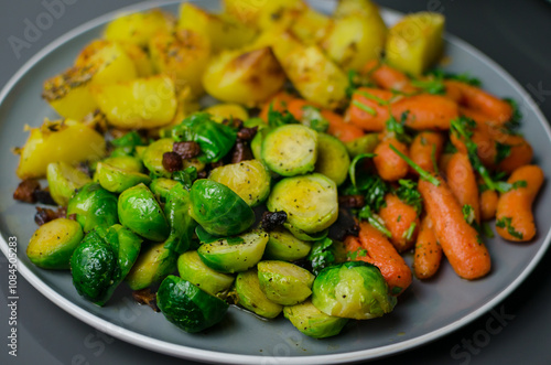 Vegetables for roast dinner - sauteed carrots with garlic, butter and anise, broccoli with pancetta, roast potatoes in duck grease, on a grey table, Christmas roast ideas