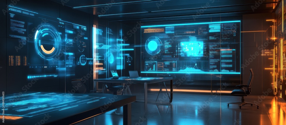Futuristic workspace with digital interfaces and data visualization. Futuristic workspace with digital interfaces and data visualization.