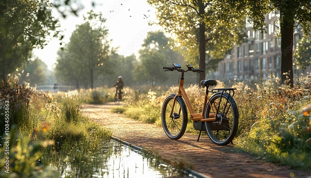 Obraz premium Electric Autonomous Bicycles Sharing System, city park with a network of electric autonomous bicycles available for sharing. 