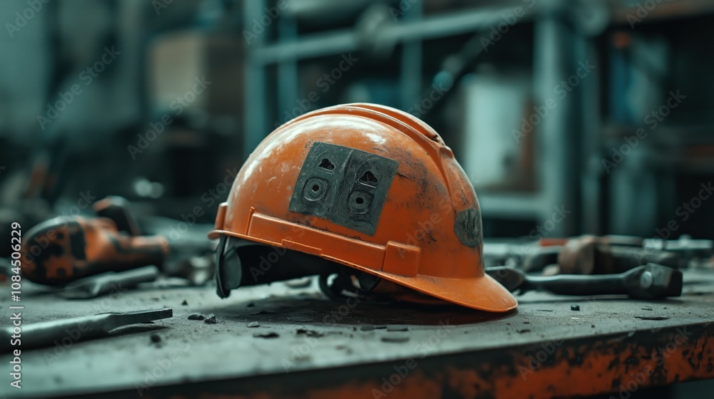 Close-up of an orange construction helmet with dirt and marks on a workbench, surrounded by various hand tools in a workshop setting. Close-up of an orange construction helmet with dirt and marks on a workbench, surrounded by various hand tools in a workshop setting.