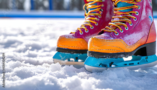 Colorful ice skates on snowy ice, ready for outdoor skating during the winter season
