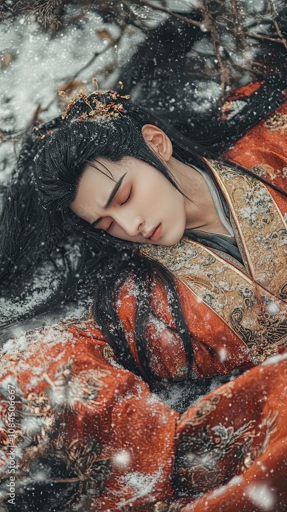 Fototapeta premium Real photo. An ancient Chinese handsome guy, lying in the snow, crawling forward, red Hanfu, golden decoration, embarrassed, injured, long black hair, generative ai