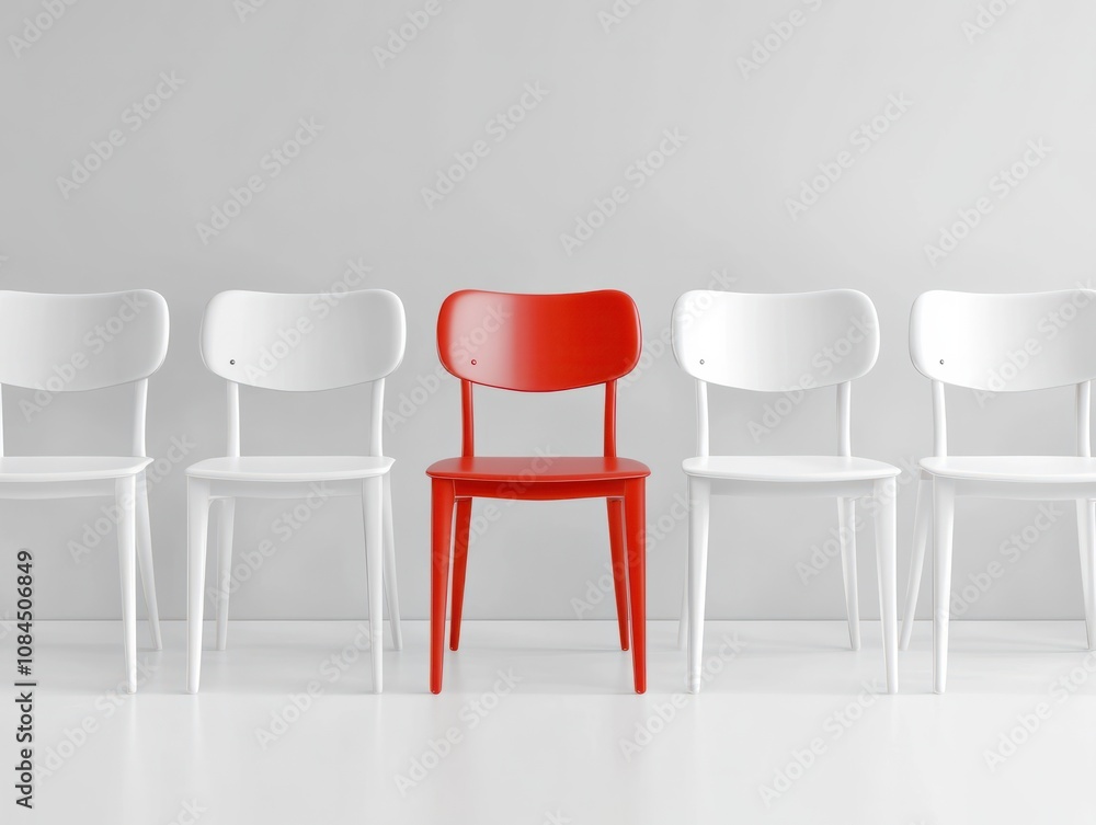 Highlighted red chair in the middle of a row of white chairs on white background Illustration of the concept of right candidate in job interviews