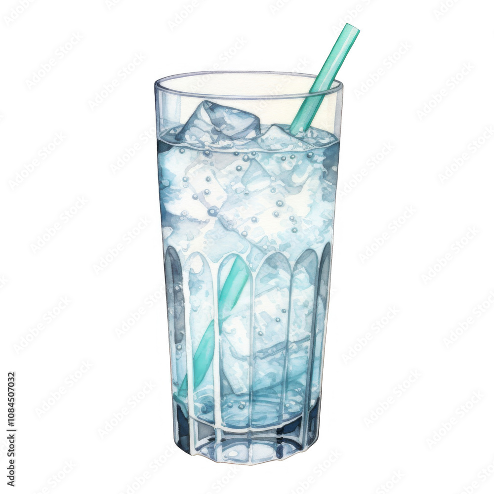 Watercolor painting of a tall glass of ice water with a straw. Watercolor painting of a tall glass of ice water with a straw.