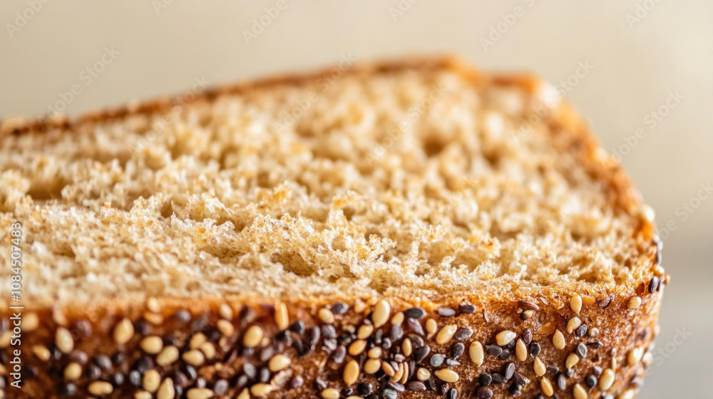 Close up of whole wheat bread slice showing texture and seeds Close up of whole wheat bread slice showing texture and seeds