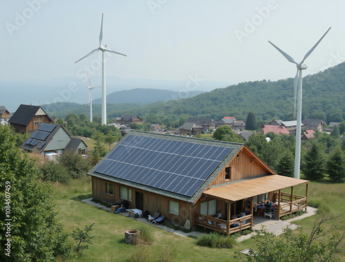 Eco-friendly future: a wooden house with solar panels on the roof against the backdrop of wind turbines and a picturesque landscape.