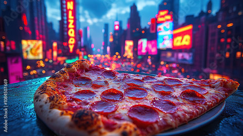 A classic pepperoni pizza slice served on a paper plate in a bustling New York City pizzeria, with neon signs and crowded streets in the background, captured in food photography style.