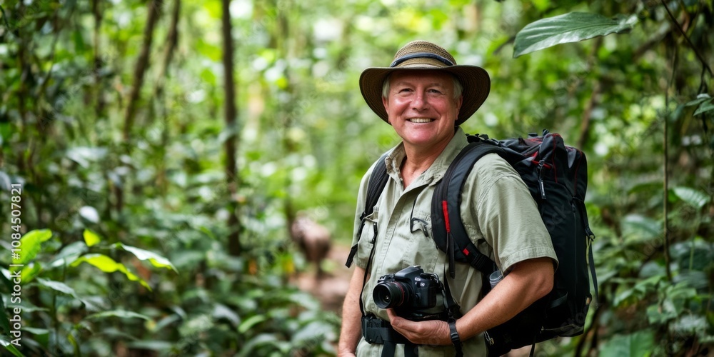 A smiling photographer stands in a vibrant green jungle. His hat and backpack reflect an adventurous spirit. The scene captures the beauty of nature and the joy of exploration. AI A smiling photographer stands in a vibrant green jungle. His hat and backpack reflect an adventurous spirit. The scene captures the beauty of nature and the joy of exploration. AI