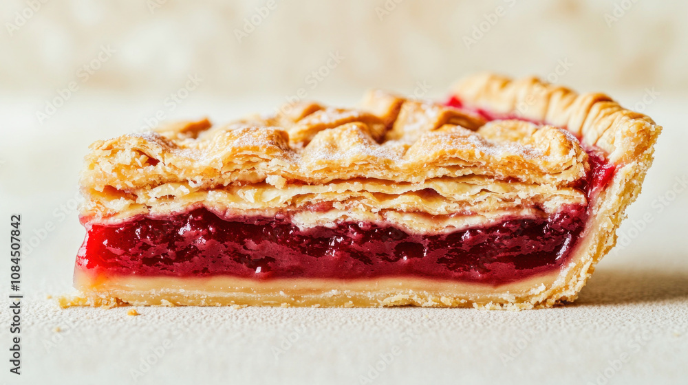 Delicious slice of cherry pie showing flaky crust and filling Delicious slice of cherry pie showing flaky crust and filling