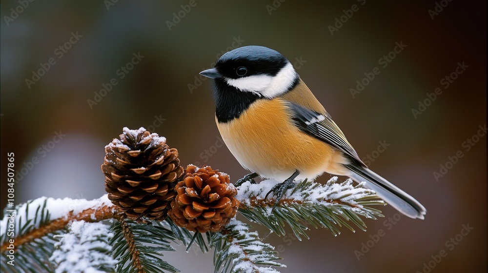 During the winter, a Black-Capped Chickadee perches
