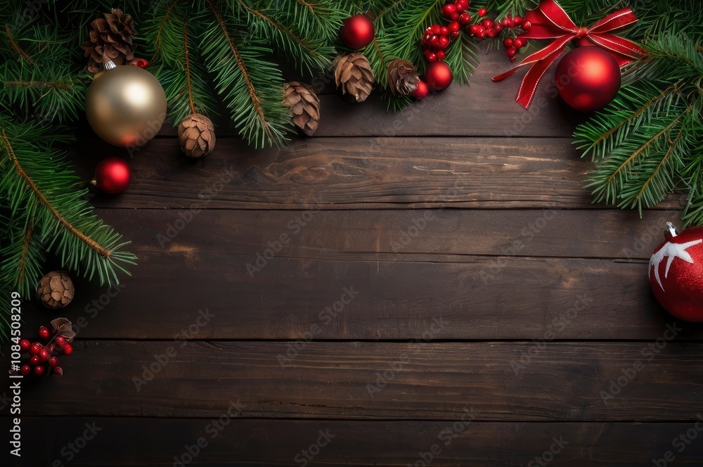 Top view of a Christmas background, copy space - generative ai Top view of a Christmas background, copy space - generative ai