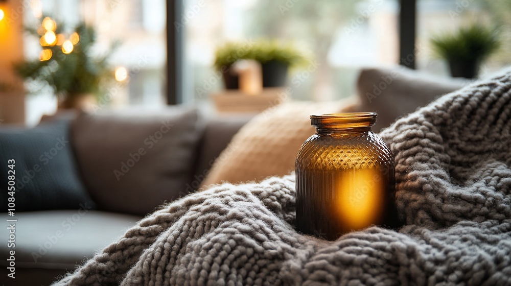 Cozy living room with lit candle on knit blanket. Cozy living room with lit candle on knit blanket.