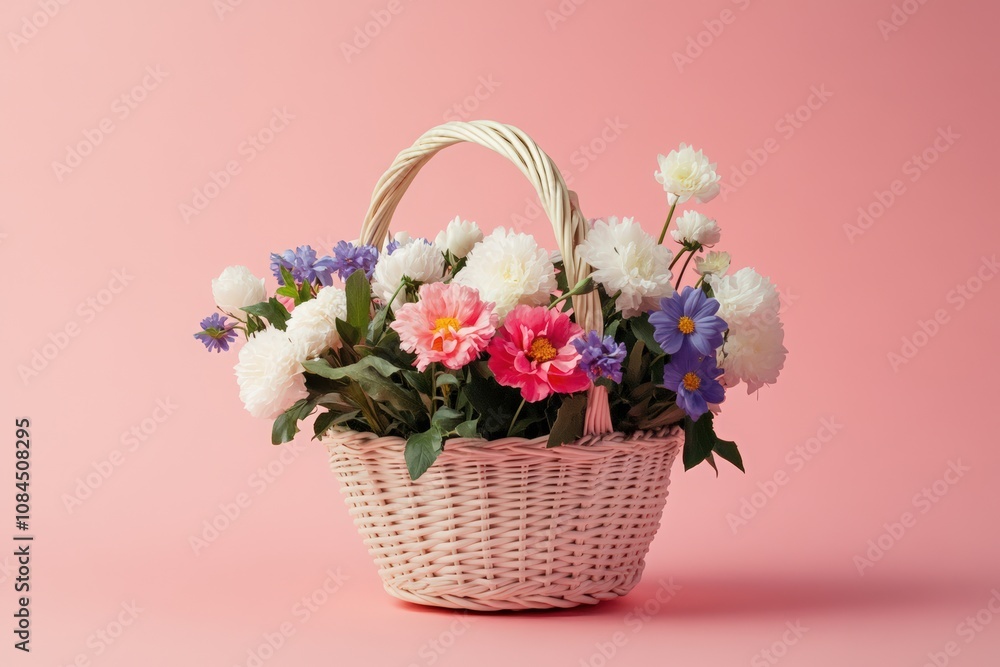 Flower Basket Day. Easter basket with roses and purple flowers on a pink background Flower Basket Day. Easter basket with roses and purple flowers on a pink background