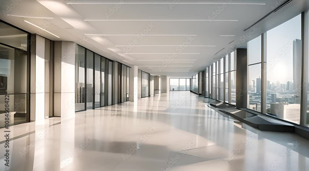 Bright Modern Office Hallway with City Views and Polished Concrete Floors 4K Bright Modern Office Hallway with City Views and Polished Concrete Floors 4K