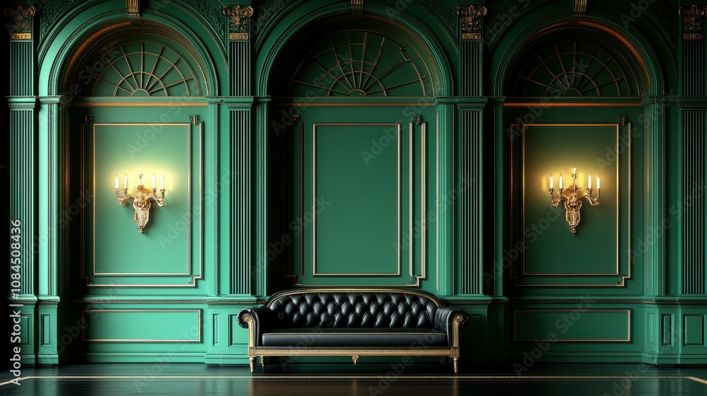 This room showcases an elegant interior with rich green walls, decorative arches, and a classic black sofa. The ornate wall sconces enhance the luxurious atmosphere of the space This room showcases an elegant interior with rich green walls, decorative arches, and a classic black sofa. The ornate wall sconces enhance the luxurious atmosphere of the space