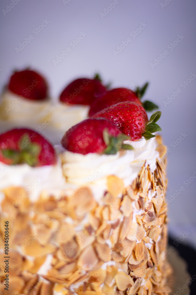 A strawberry cake with white frosting and a very shallow depth of field. A strawberry cake with white frosting and a very shallow depth of field.