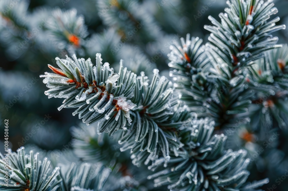 A bud and needles on a branch of a blue spruce in a frosty frost close-up. Winter day before Christmas - generative ai A bud and needles on a branch of a blue spruce in a frosty frost close-up. Winter day before Christmas - generative ai