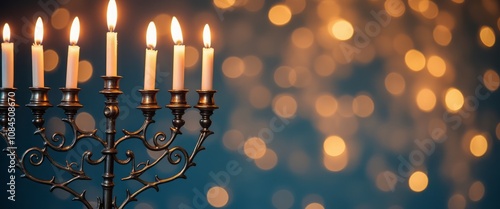 A beautifully crafted menorah stands tall, its candles flickering softly against a dreamy backdrop of golden bokeh lights. The warm glow of the flames dances in the air, evoking a sense of peace and photo