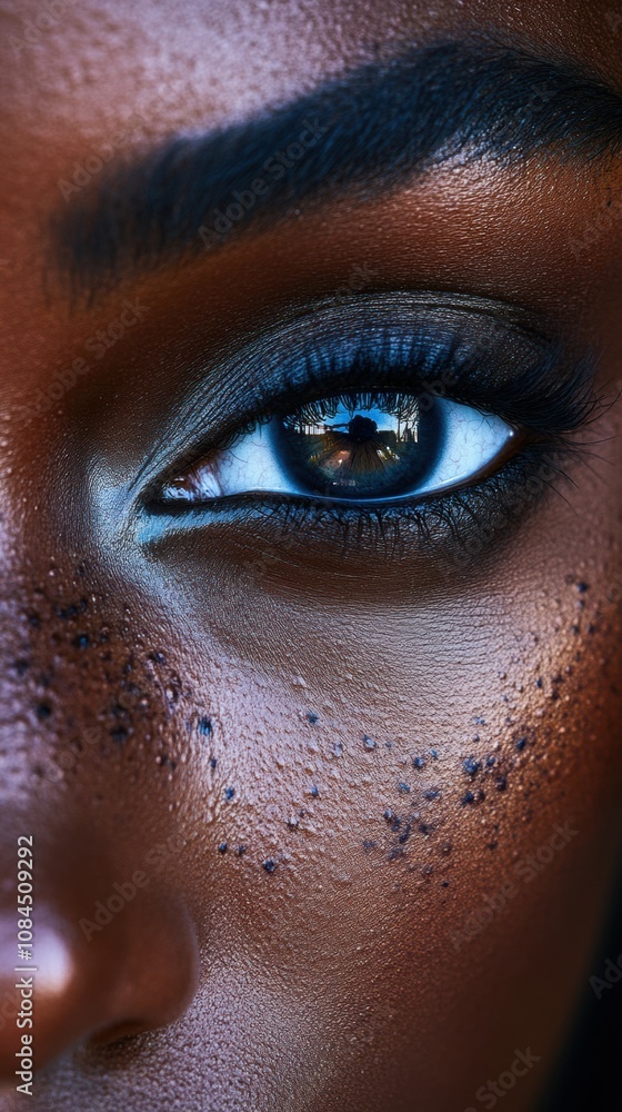 Close-up of a woman's eye with striking makeup and natural freckles, AI Close-up of a woman's eye with striking makeup and natural freckles, AI