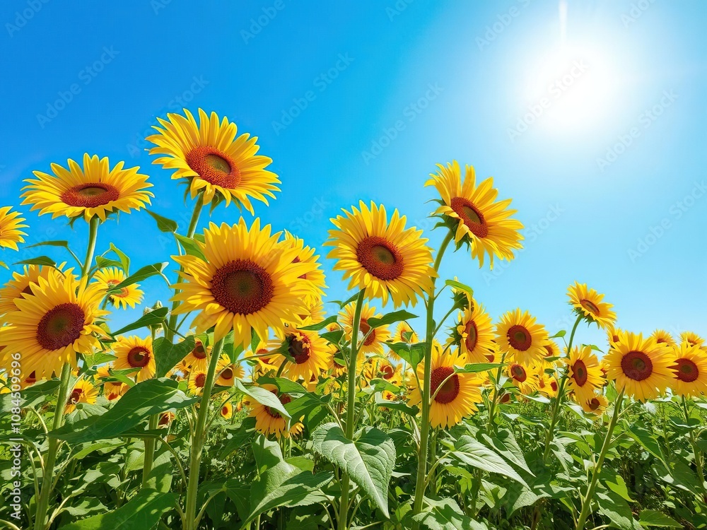 Field of vibrant yellow sunflowers reaching towards the sun on a clear blue sky, sky, blooming Field of vibrant yellow sunflowers reaching towards the sun on a clear blue sky, sky, blooming