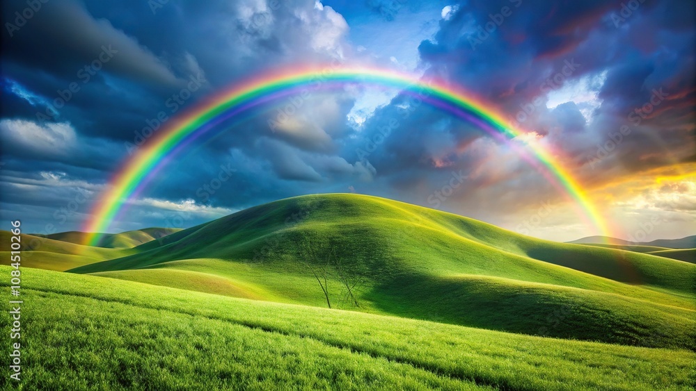 Colorful rolling hill and rainbow over whimsical landscape Colorful rolling hill and rainbow over whimsical landscape