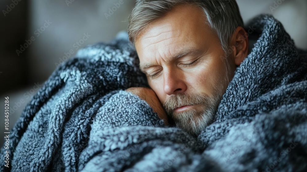A man of middle age is curled up on a couch, eyes closed and wearing a warm, fuzzy blanket. He enjoys a restful moment during a calm day at home, creating a serene atmosphere A man of middle age is curled up on a couch, eyes closed and wearing a warm, fuzzy blanket. He enjoys a restful moment during a calm day at home, creating a serene atmosphere