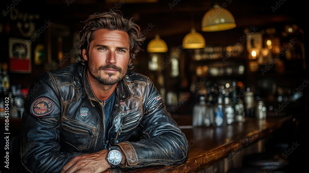 Fototapeta premium A man leans back against the bar, showcasing his stylish leather jacket and a watch. The warm lighting and wooden decor create a cozy, inviting ambiance
