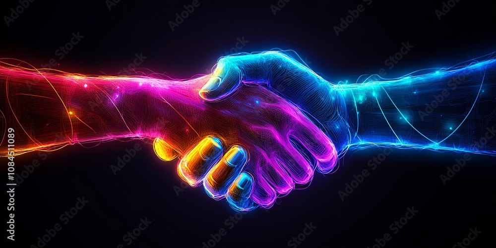 A Vibrant Digital Handshake Symbolizing Partnership and Collaboration Between Two Diverse Entities in a Colorful, Cosmic Atmosphere A Vibrant Digital Handshake Symbolizing Partnership and Collaboration Between Two Diverse Entities in a Colorful, Cosmic Atmosphere