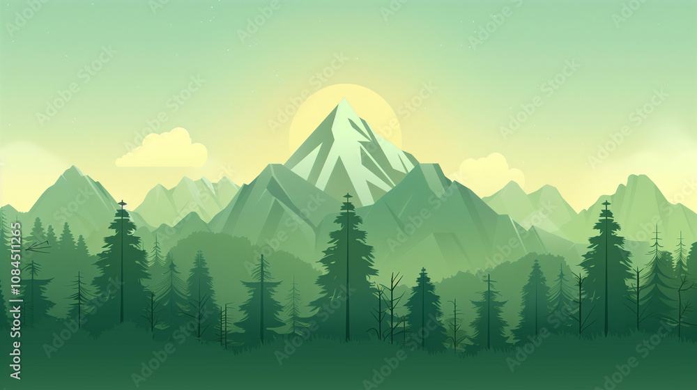 Naklejka premium Mountain landscape with evergreen trees and a sunrise in a serene natural setting