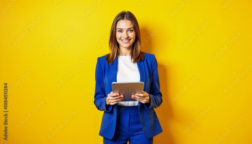 A confident businesswoman in a blue suit uses a tablet while standing against a vibrant yellow background. Her expression is focused and professional, embodying concepts of technology and success.
A confident businesswoman in a blue suit uses a tablet while standing against a vibrant yellow background. Her expression is focused and professional, embodying concepts of technology and success.