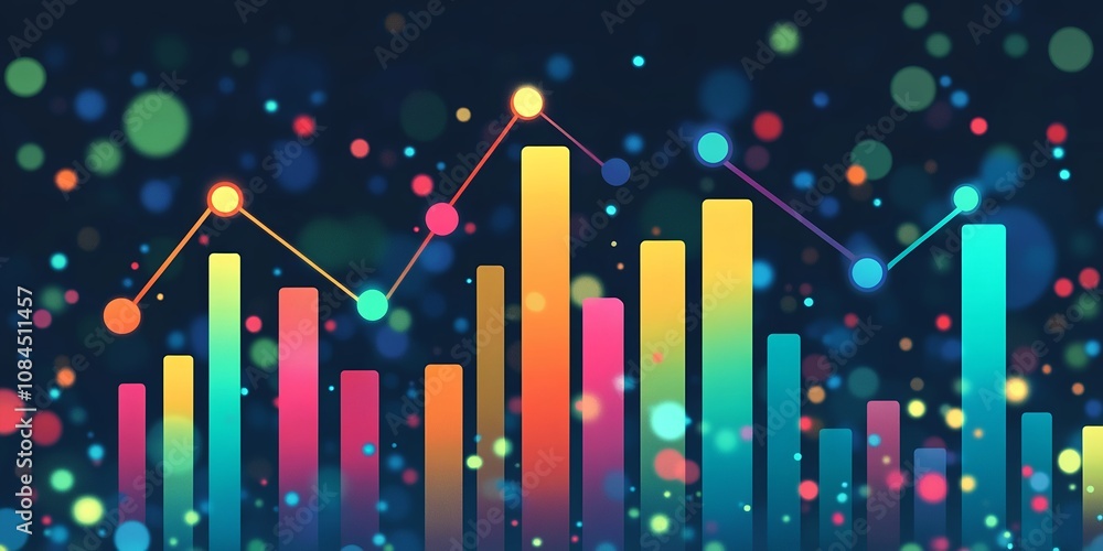 Colorful Data Visualization With Vibrant Bars and Lines Representing Trends in a Digital Environment With Blurred Background Lights Colorful Data Visualization With Vibrant Bars and Lines Representing Trends in a Digital Environment With Blurred Background Lights
