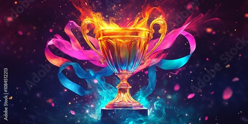 A Vibrant Golden Trophy Surrounded by Colorful Ribbons and Dynamic Flames Symbolizes Victory, Achievement, and Celebration in a Creative Design With a Magical Backdrop