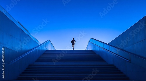 Twilight Scene of a Runner on Illuminated Stairs with Glowing Path