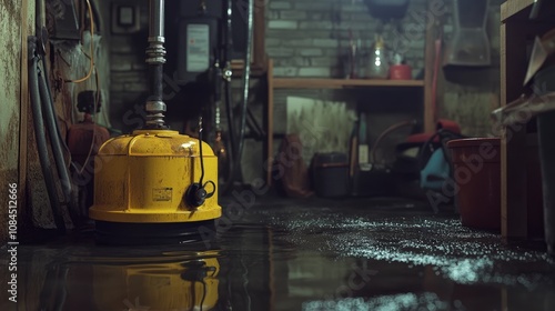 A sump pump with a yellow backup sits in a basement, emphasizing home maintenance and flood prevention. photo