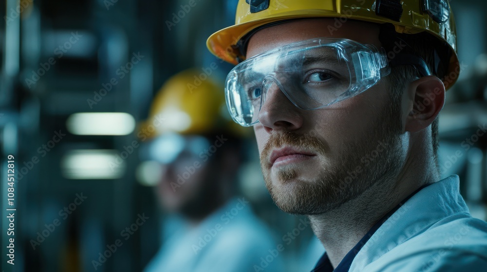 R&D centre image with portrait of engineers wearing protection glasses researching new energy sources R&D centre image with portrait of engineers wearing protection glasses researching new energy sources