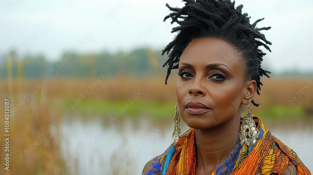 A woman gazes contemplatively while positioned near a tranquil wetland, dressed in vibrant clothing and adorned with distinctive earrings, embracing the beauty of nature