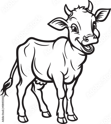 Playful Calf with Two Small Horns Coloring Book Vector - Cute Baby Cow Design for Kids