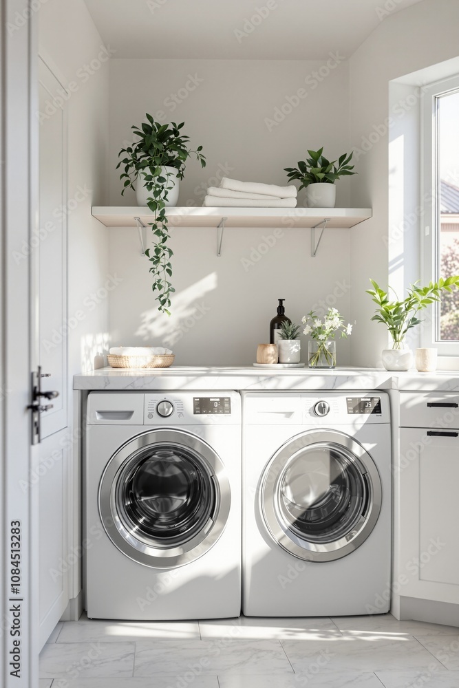 Modern Laundry Room with Stylish Washing Machines and Greenery in Bright Natural Light Modern Laundry Room with Stylish Washing Machines and Greenery in Bright Natural Light