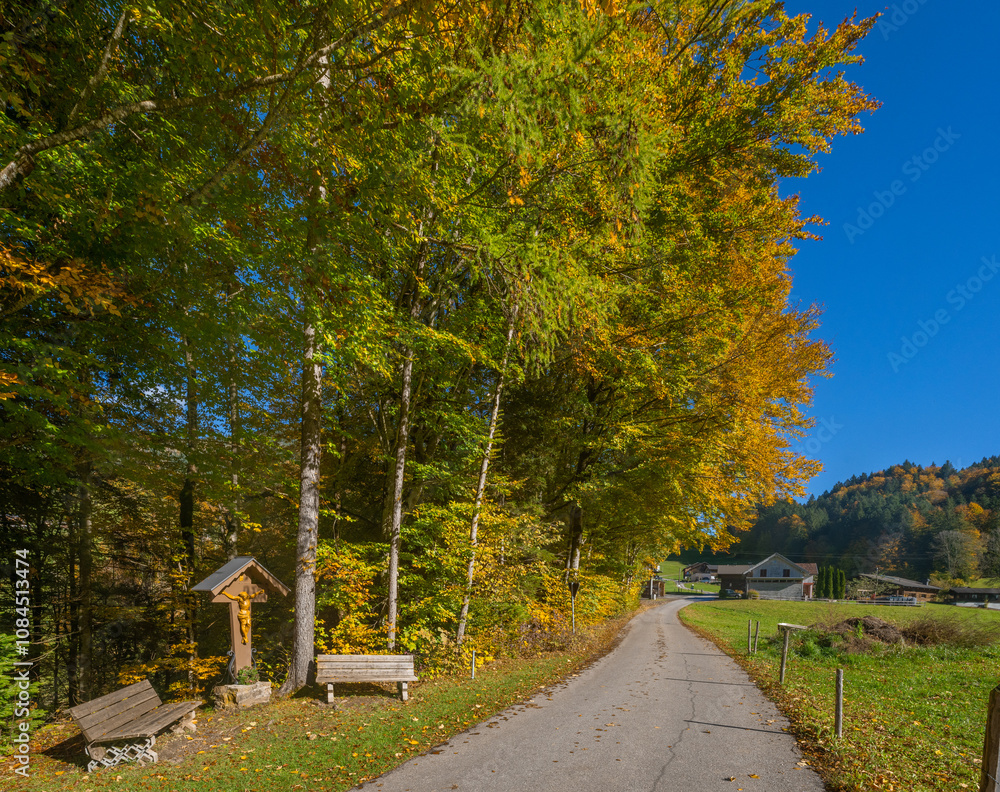 Fototapeta premium Fall Scene in Bizau in the Bregenzerwald Valley, State of Vorarlberg, Austria