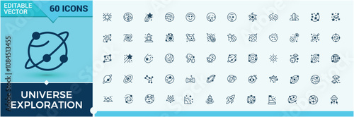 Set of Universe Exploration line icons. Featuring spaceman, solar system, cosmos, galaxy and more. Minimalistic web and UI icons. Solid line editable stroke. Vector line and solid icons.