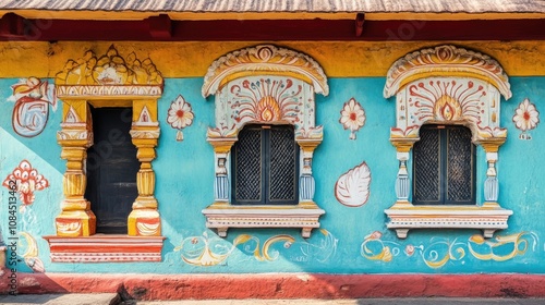 A traditional Kasaragod mural painted on a wall, showcasing vibrant colors and cultural motifs typical of the region. photo