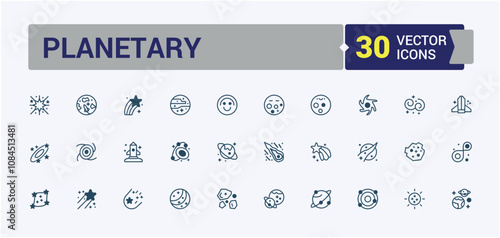 Planetary vector line icon set. Featuring sun, shuttle, mars, alien, station, planet, technology. Outline icon collections. Editable vector outline and solid icons.
