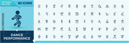 Dance Performance icon set. Featuring ballet, happy, club, dance, person, art, pose and more. Pixel perfect. Editable vector outline and solid icons.