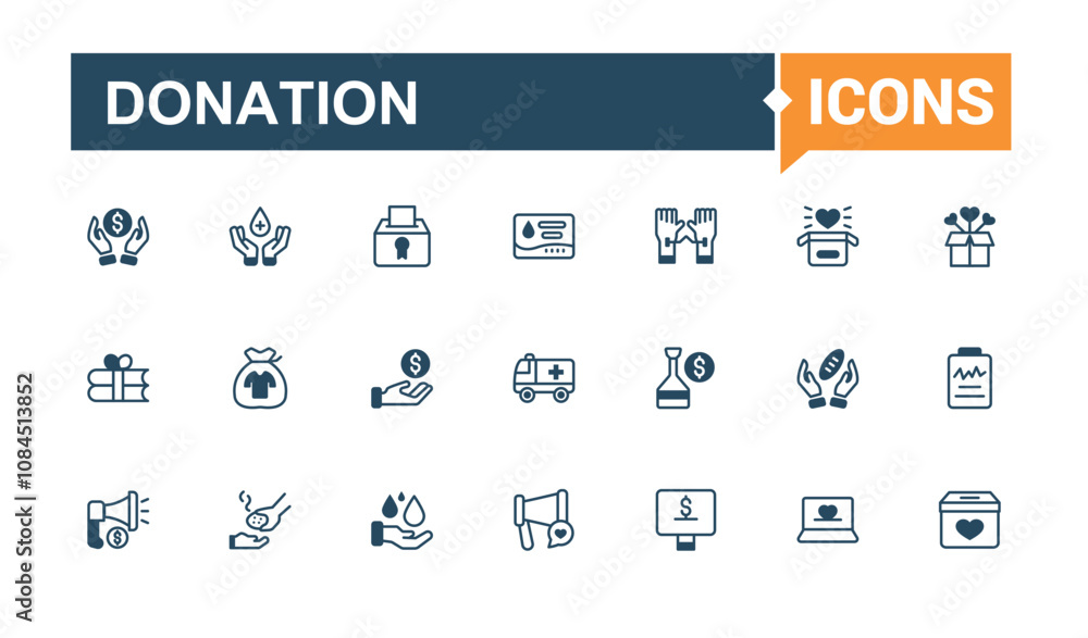 Set of Donation line icons. Includes icons for charity, solidarity, share, team, service, fund, foundation and more. Outline symbol collection. Editable vector outline and solid icons. Set of Donation line icons. Includes icons for charity, solidarity, share, team, service, fund, foundation and more. Outline symbol collection. Editable vector outline and solid icons.