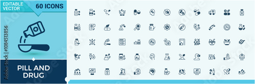 Pill and Drug icons set in line style. Includes thin line prescription, medication, treatment, chemistry, tablet, care and more. Minimalistic web and UI icons. Vector line and solid icons.