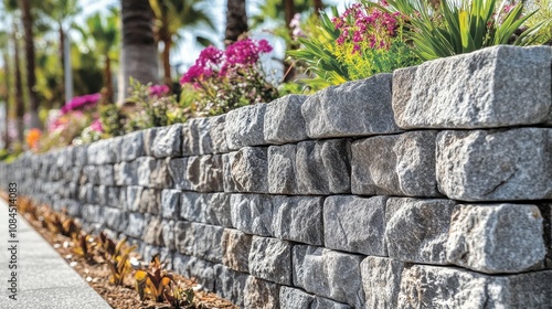 The stone wall displays a neat arrangement of gray stones, accented by colorful flowers and lush greenery, creating a serene tropical atmosphere during midday
